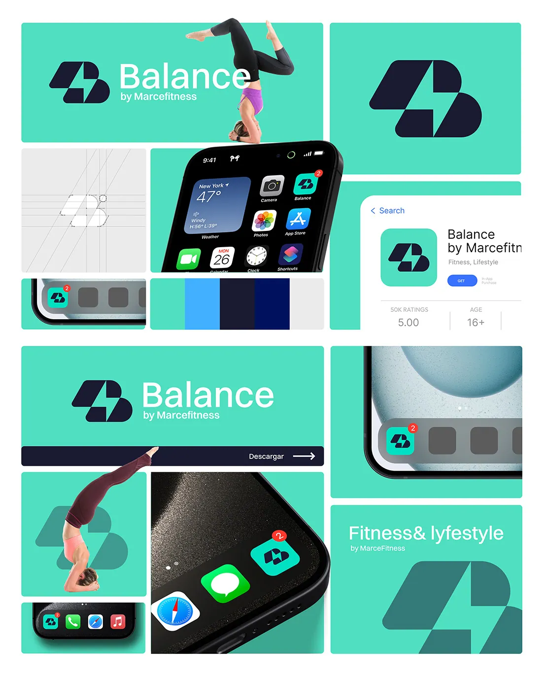 Balance by Marcefitness brand identity: logo, app icon and layouts